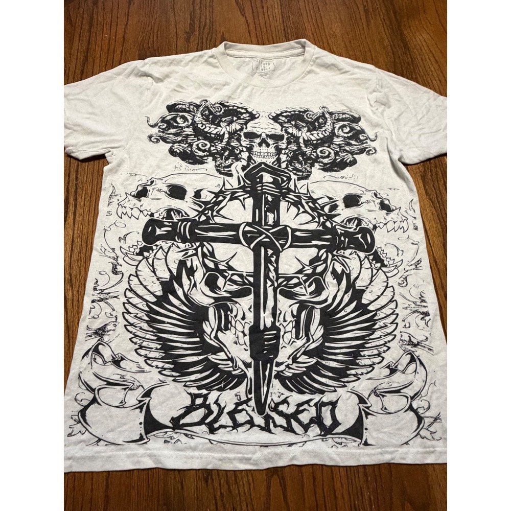 Return To Sender Mens Blessed Skull Cross Graphic T-Shirt Grey Gothic Large